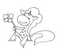 Coloring book for kids - unicorn dreams with a flower in her hands. Black and white cute cartoon unicorns.